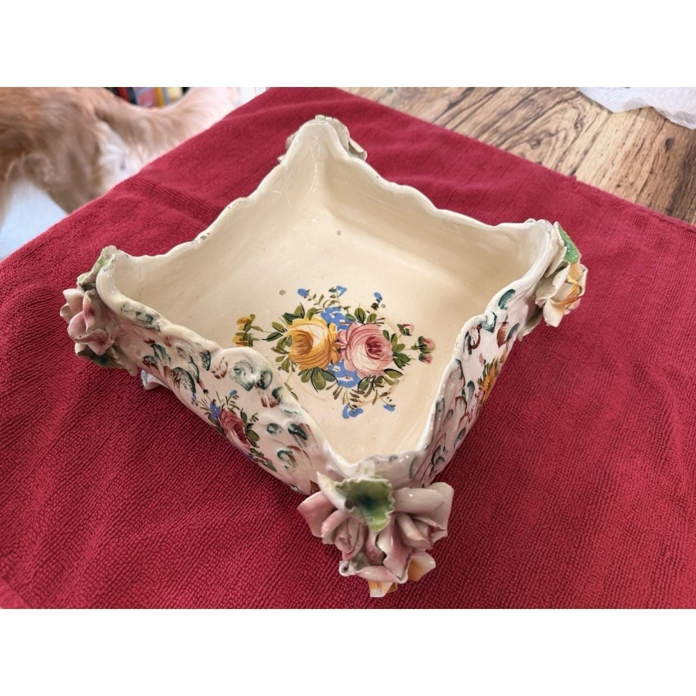 Vintage Capodimonte Italy Porcelain Bowl Applied Roses Hand Painted AS IS